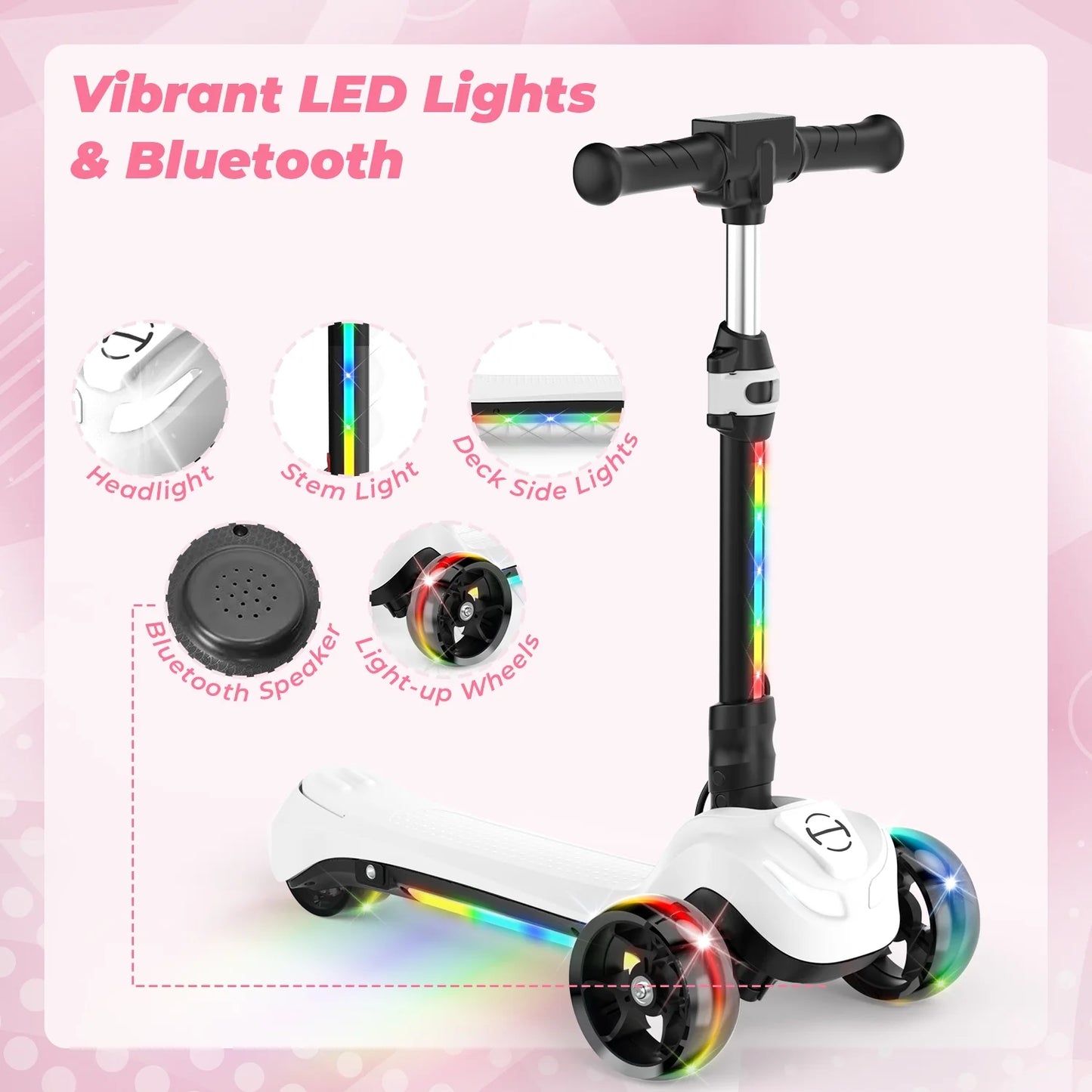 Ihoverboard B2 Electric Scooter for Kids Ages 3+, LED Light-Up Wheels and Pedal , 100W Motor, Foldable and Height Aadjustable Toddler Motorized Scooters, Electric Scooter for Girls/Boys(White)