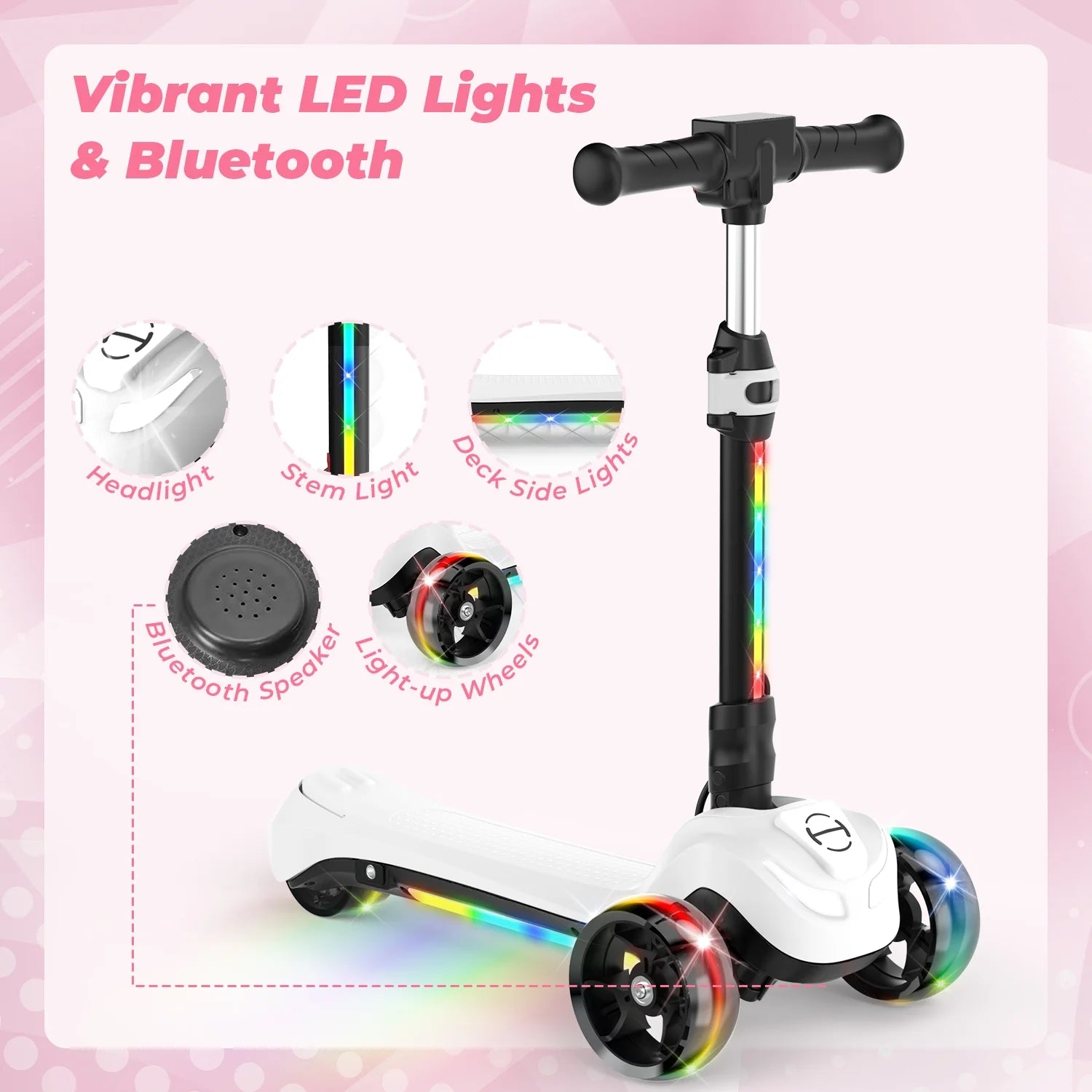 Ihoverboard B2 Electric Scooter for Kids Ages 3+, LED Light-Up Wheels and Pedal , 100W Motor, Foldable and Height Aadjustable Toddler Motorized Scooters, Electric Scooter for Girls/Boys(White)