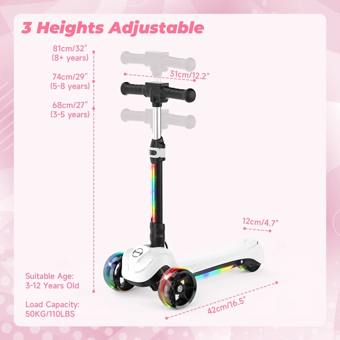 Ihoverboard B2 Electric Scooter for Kids Ages 3+, LED Light-Up Wheels and Pedal , 100W Motor, Foldable and Height Aadjustable Toddler Motorized Scooters, Electric Scooter for Girls/Boys(White)