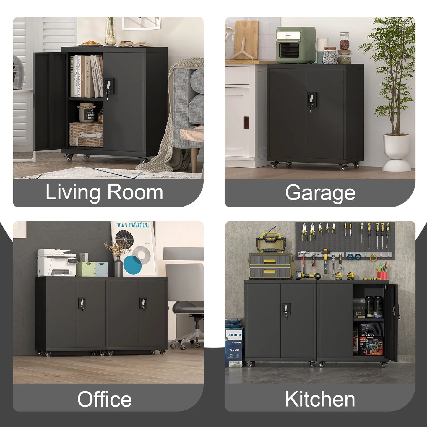 31.5''H Metal Storage Cabinets with Lock, Metal Garage Storage Cabinet on Wheels, Lockable Rolling Tool Chest Cabinet with Doors & Adjustable Shelves for Garage, Home, Office, Assembly Require