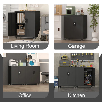 31.5''H Metal Storage Cabinets with Lock, Metal Garage Storage Cabinet on Wheels, Lockable Rolling Tool Chest Cabinet with Doors & Adjustable Shelves for Garage, Home, Office, Assembly Require