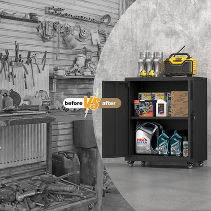 31.5''H Metal Storage Cabinets with Lock, Metal Garage Storage Cabinet on Wheels, Lockable Rolling Tool Chest Cabinet with Doors & Adjustable Shelves for Garage, Home, Office, Assembly Require