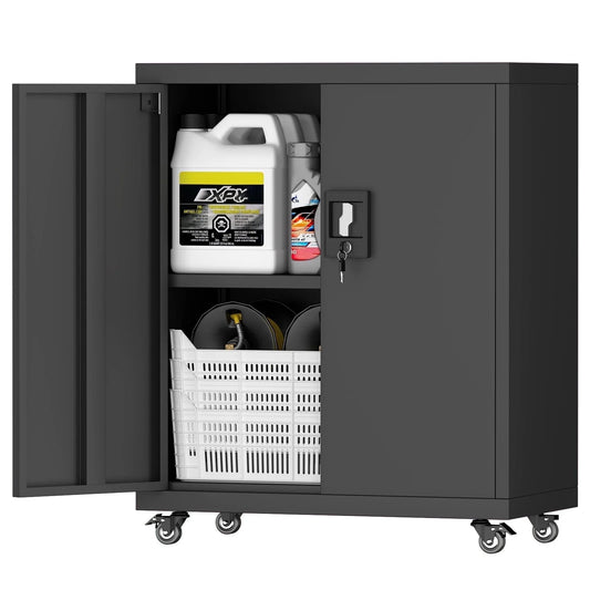 31.5''H Metal Storage Cabinets with Lock, Metal Garage Storage Cabinet on Wheels, Lockable Rolling Tool Chest Cabinet with Doors & Adjustable Shelves for Garage, Home, Office, Assembly Require