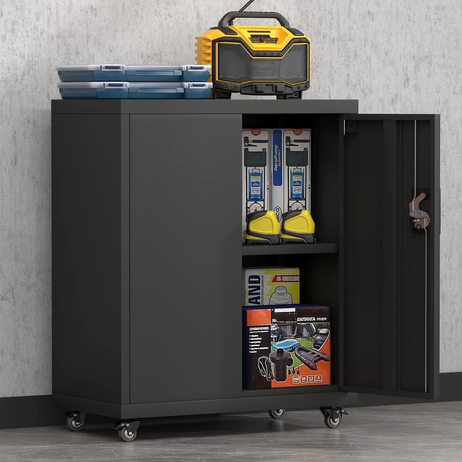 31.5''H Metal Storage Cabinets with Lock, Metal Garage Storage Cabinet on Wheels, Lockable Rolling Tool Chest Cabinet with Doors & Adjustable Shelves for Garage, Home, Office, Assembly Require