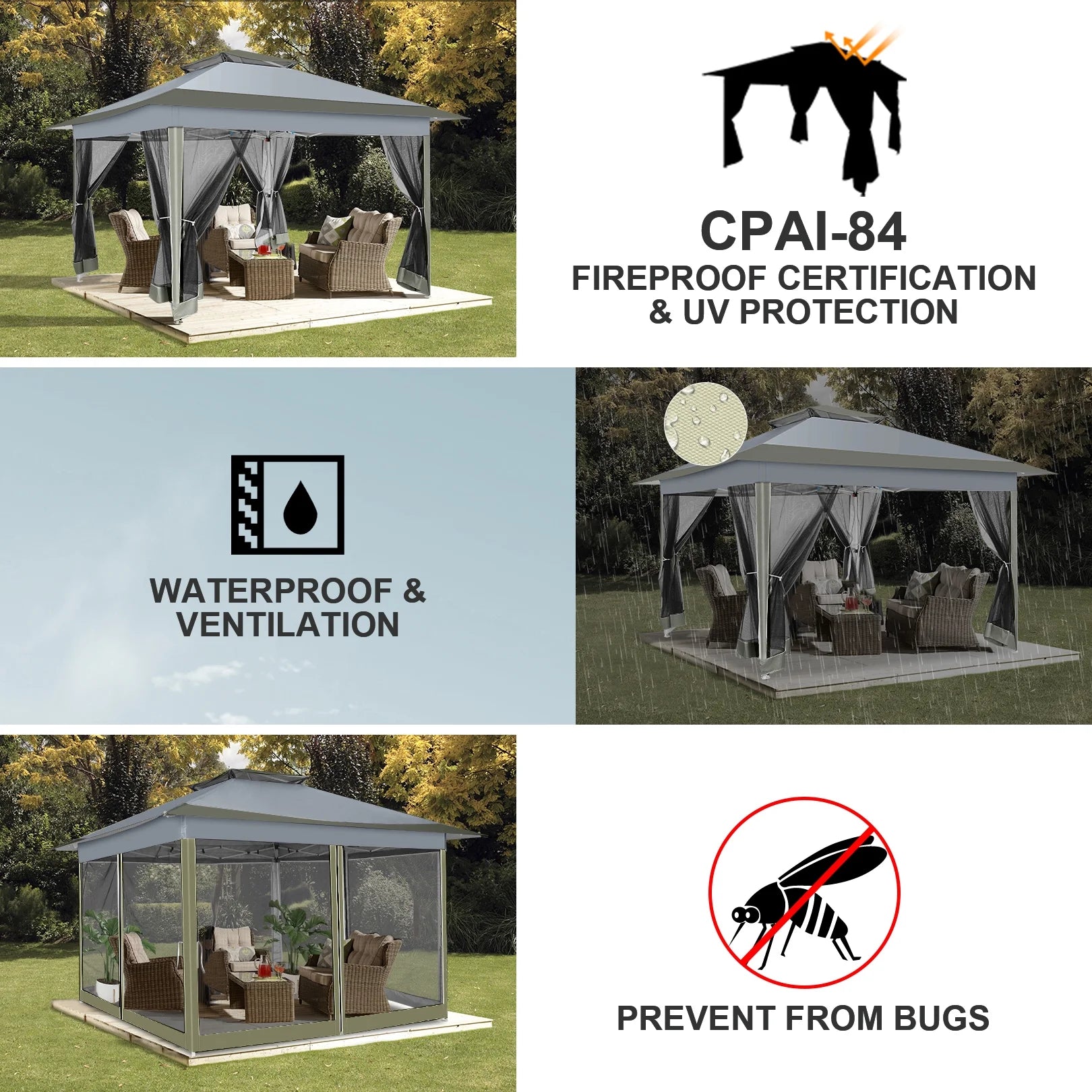 12X12 Pop up Gazebo Canopy Tent, Outdoor Waterproof Portable Gazebo with Mosquito Nettings, Double Vented Roof, 3 Adjustable Height and Carry Bag for Patio Garden Lawn,Gray