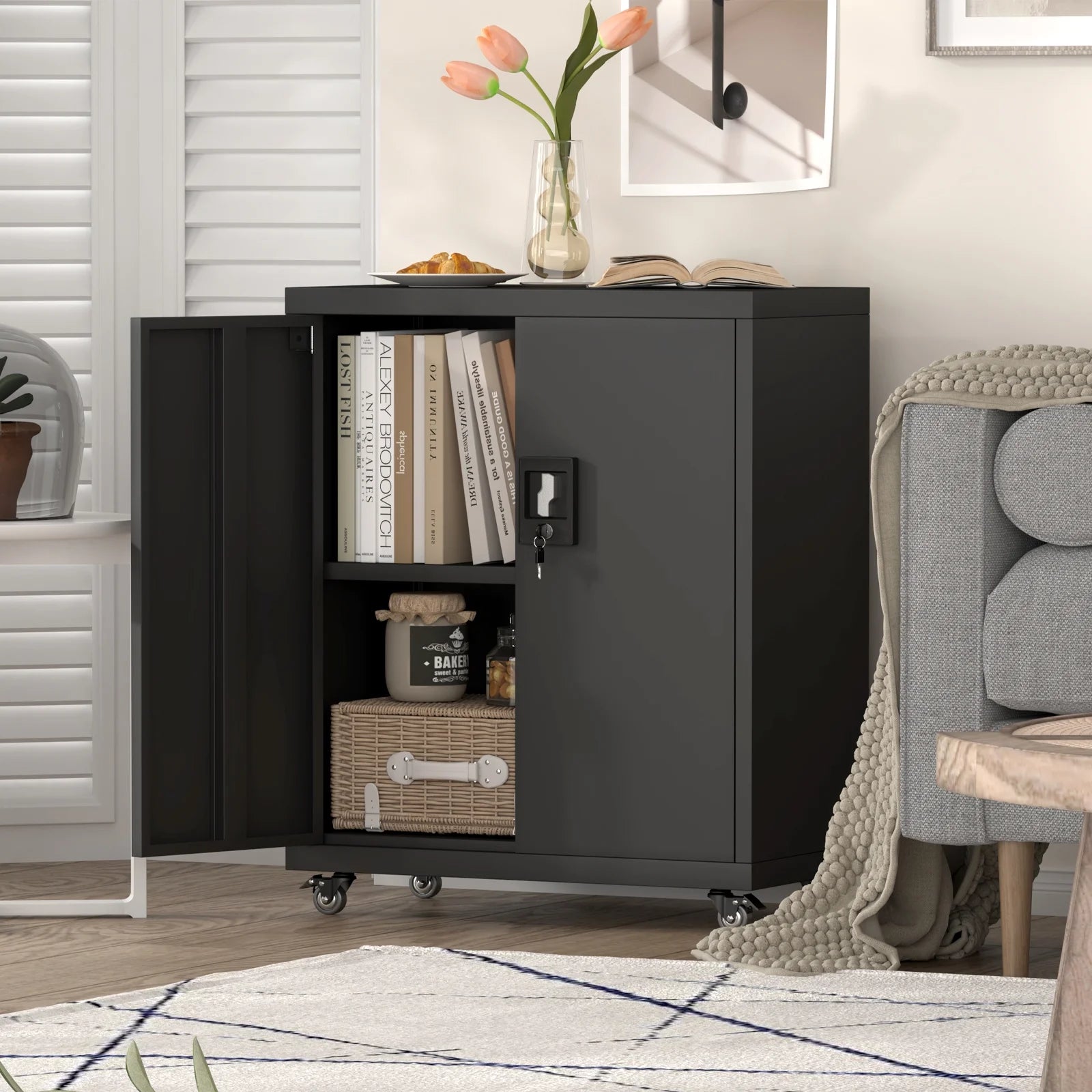 31.5''H Metal Storage Cabinets with Lock, Metal Garage Storage Cabinet on Wheels, Lockable Rolling Tool Chest Cabinet with Doors & Adjustable Shelves for Garage, Home, Office, Assembly Require