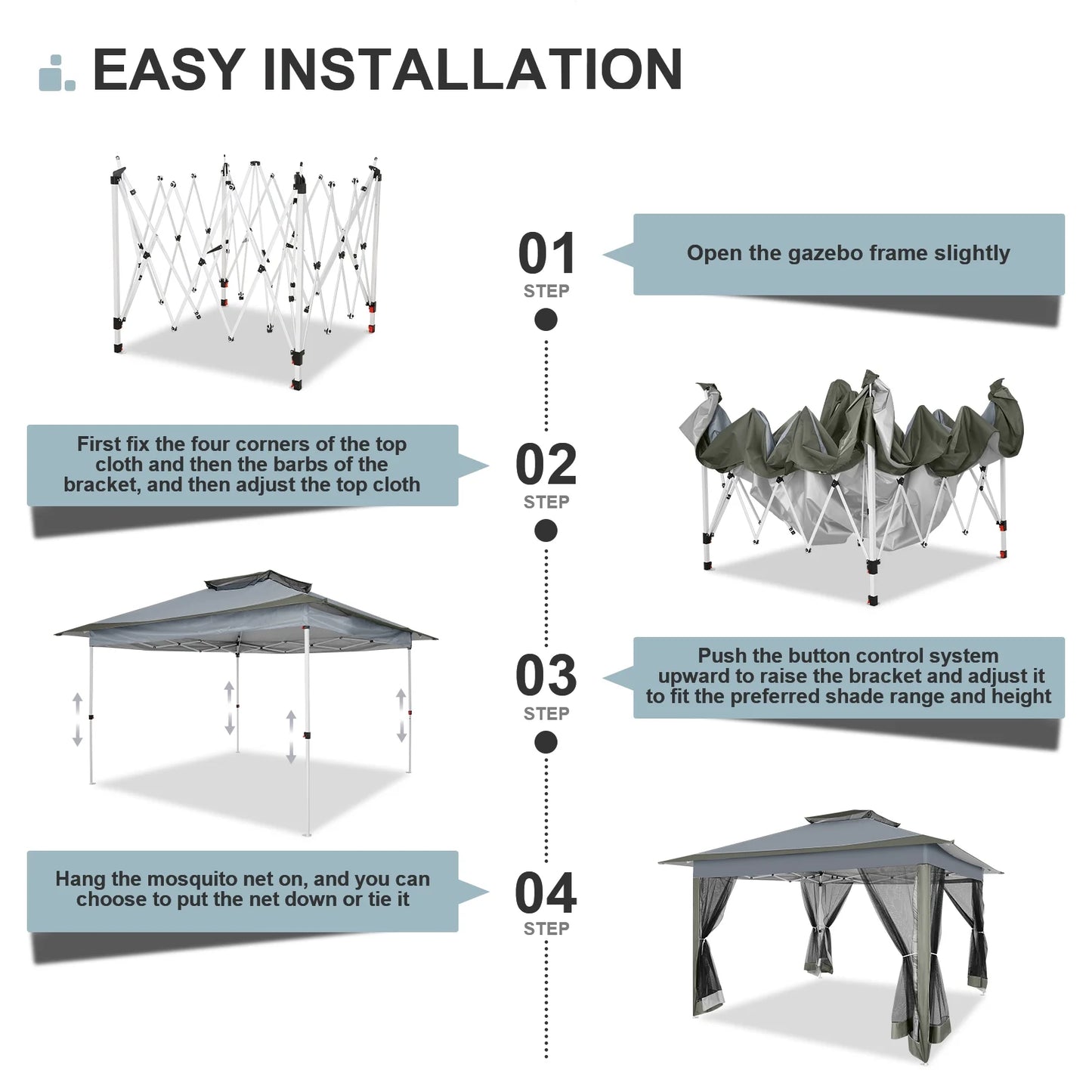 12X12 Pop up Gazebo Canopy Tent, Outdoor Waterproof Portable Gazebo with Mosquito Nettings, Double Vented Roof, 3 Adjustable Height and Carry Bag for Patio Garden Lawn,Gray