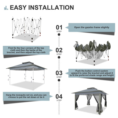 12X12 Pop up Gazebo Canopy Tent, Outdoor Waterproof Portable Gazebo with Mosquito Nettings, Double Vented Roof, 3 Adjustable Height and Carry Bag for Patio Garden Lawn,Gray