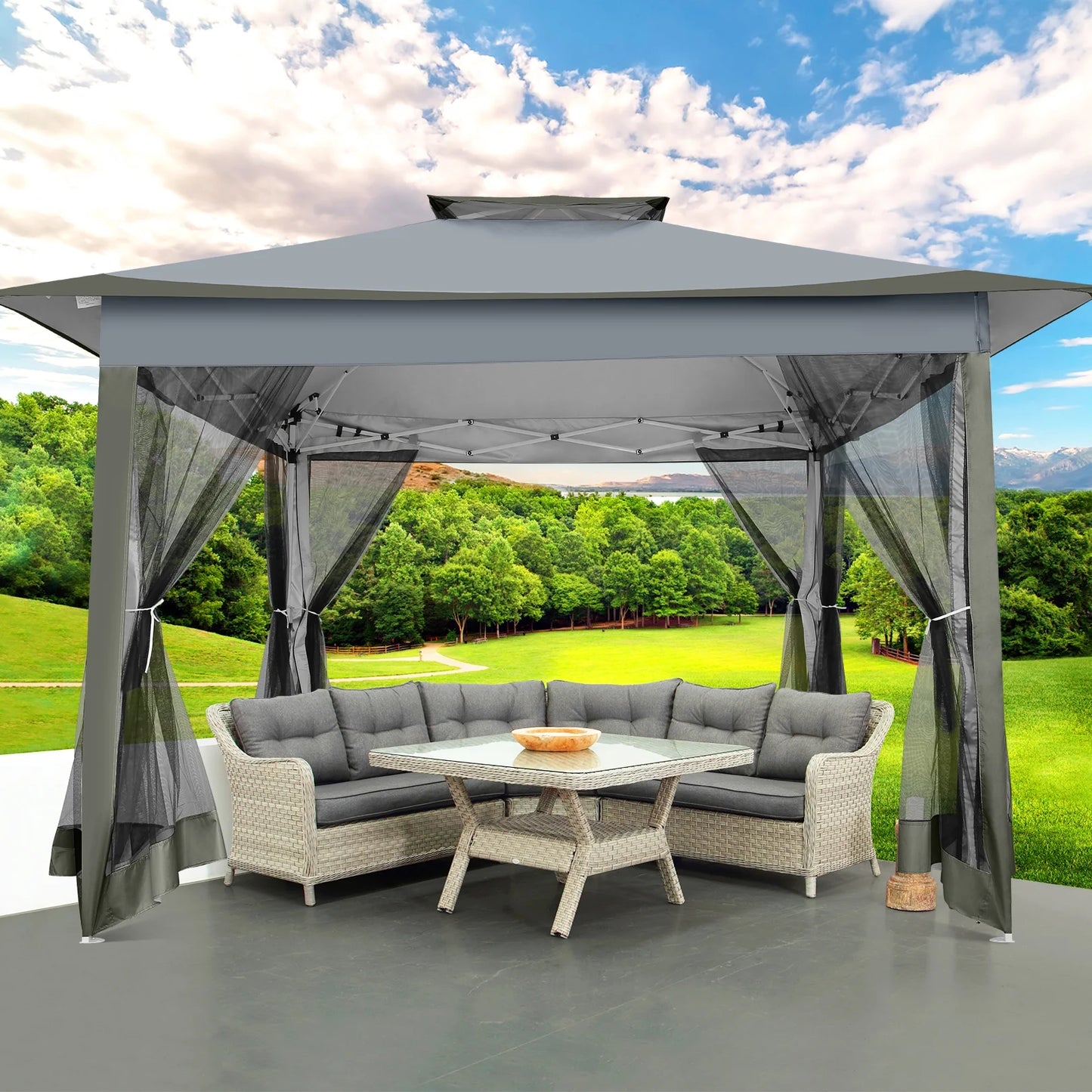 12X12 Pop up Gazebo Canopy Tent, Outdoor Waterproof Portable Gazebo with Mosquito Nettings, Double Vented Roof, 3 Adjustable Height and Carry Bag for Patio Garden Lawn,Gray