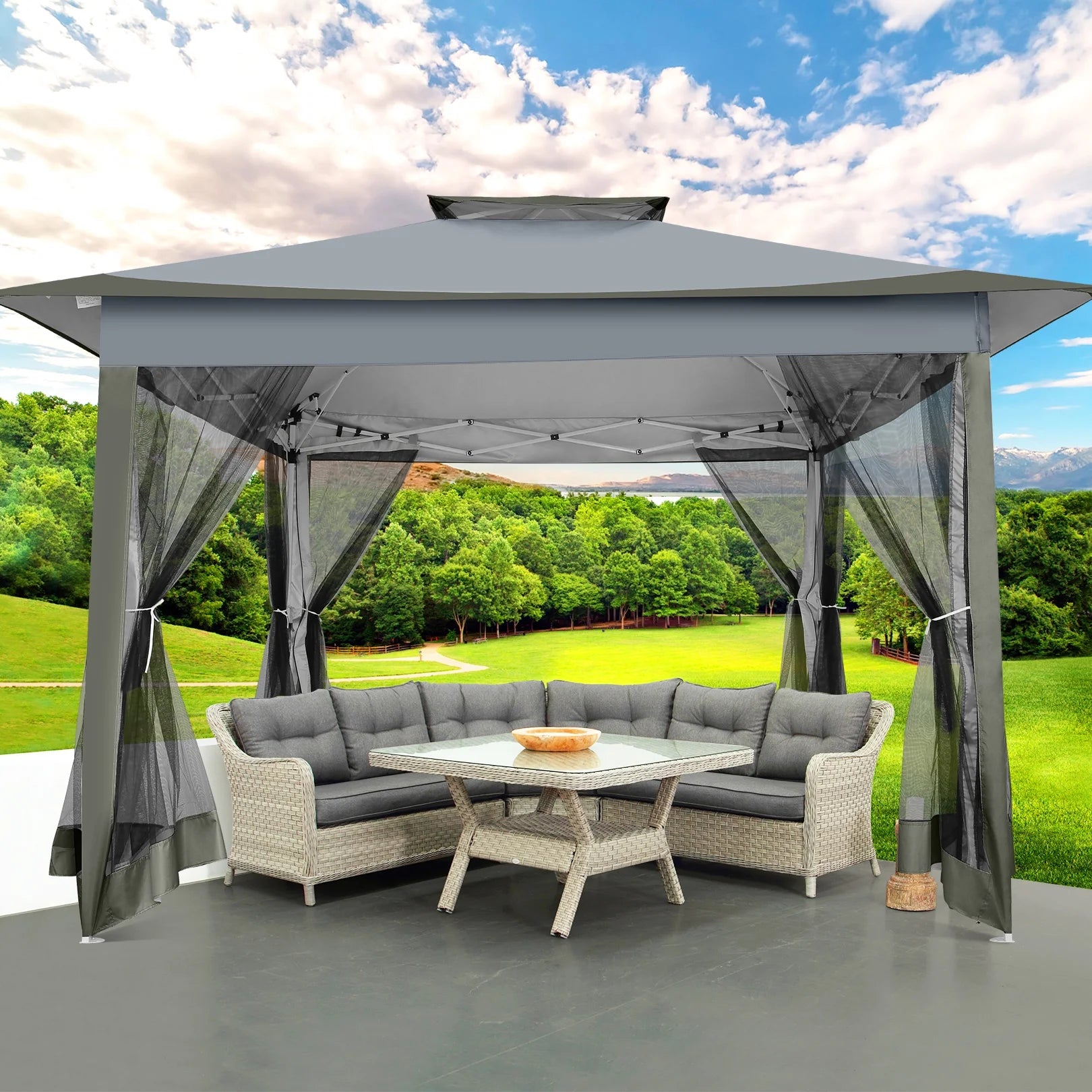 12X12 Pop up Gazebo Canopy Tent, Outdoor Waterproof Portable Gazebo with Mosquito Nettings, Double Vented Roof, 3 Adjustable Height and Carry Bag for Patio Garden Lawn,Gray