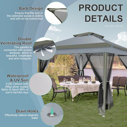 12X12 Pop up Gazebo Canopy Tent, Outdoor Waterproof Portable Gazebo with Mosquito Nettings, Double Vented Roof, 3 Adjustable Height and Carry Bag for Patio Garden Lawn,Gray