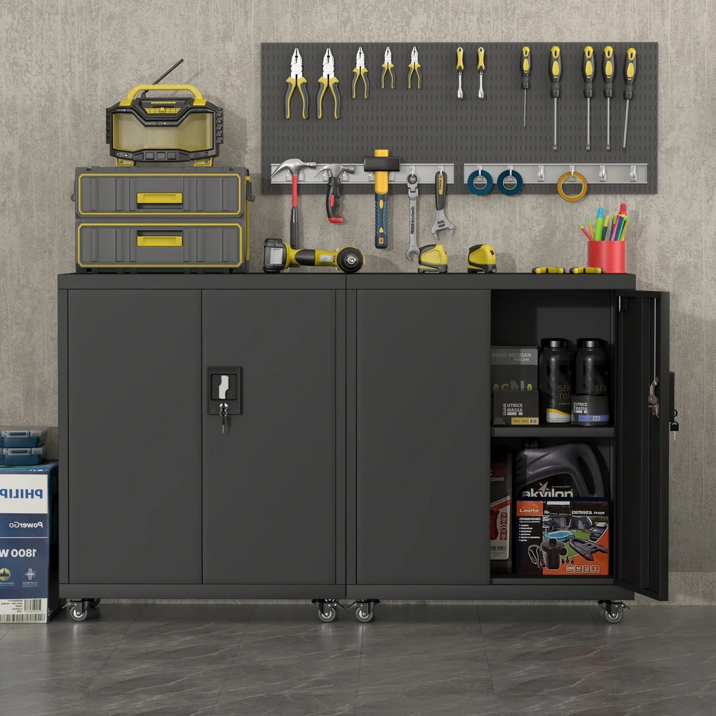 31.5''H Metal Storage Cabinets with Lock, Metal Garage Storage Cabinet on Wheels, Lockable Rolling Tool Chest Cabinet with Doors & Adjustable Shelves for Garage, Home, Office, Assembly Require