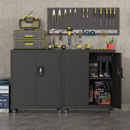 31.5''H Metal Storage Cabinets with Lock, Metal Garage Storage Cabinet on Wheels, Lockable Rolling Tool Chest Cabinet with Doors & Adjustable Shelves for Garage, Home, Office, Assembly Require