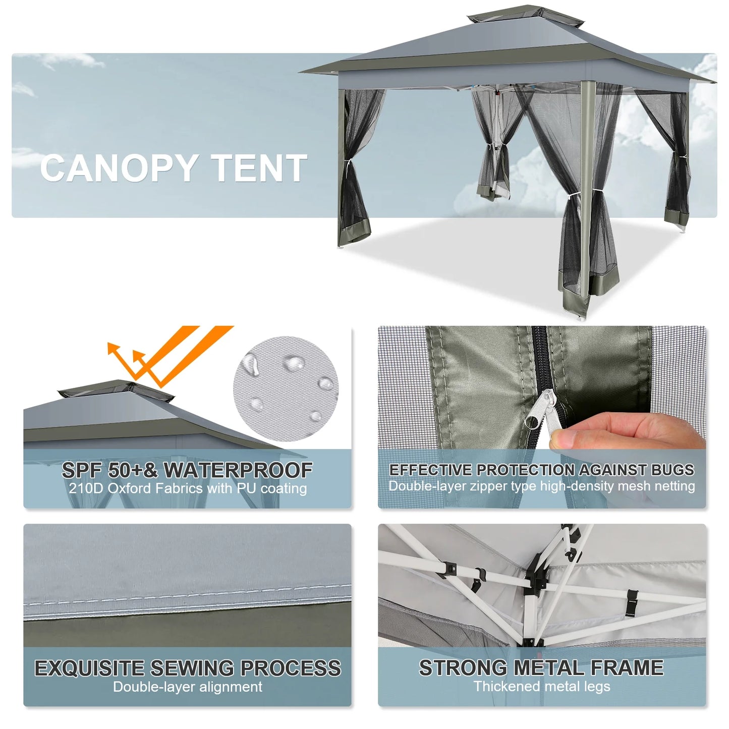 12X12 Pop up Gazebo Canopy Tent, Outdoor Waterproof Portable Gazebo with Mosquito Nettings, Double Vented Roof, 3 Adjustable Height and Carry Bag for Patio Garden Lawn,Gray