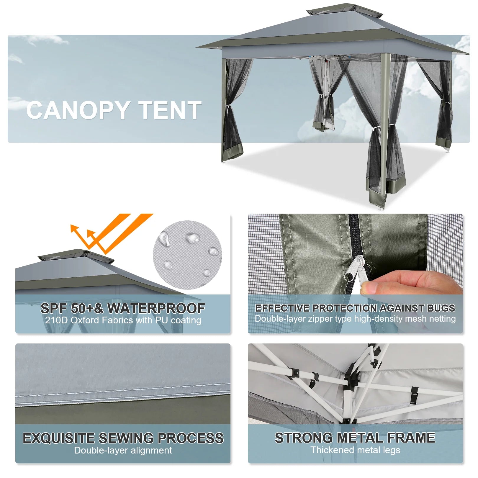 12X12 Pop up Gazebo Canopy Tent, Outdoor Waterproof Portable Gazebo with Mosquito Nettings, Double Vented Roof, 3 Adjustable Height and Carry Bag for Patio Garden Lawn,Gray