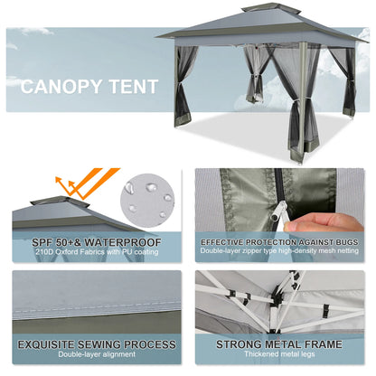 12X12 Pop up Gazebo Canopy Tent, Outdoor Waterproof Portable Gazebo with Mosquito Nettings, Double Vented Roof, 3 Adjustable Height and Carry Bag for Patio Garden Lawn,Gray