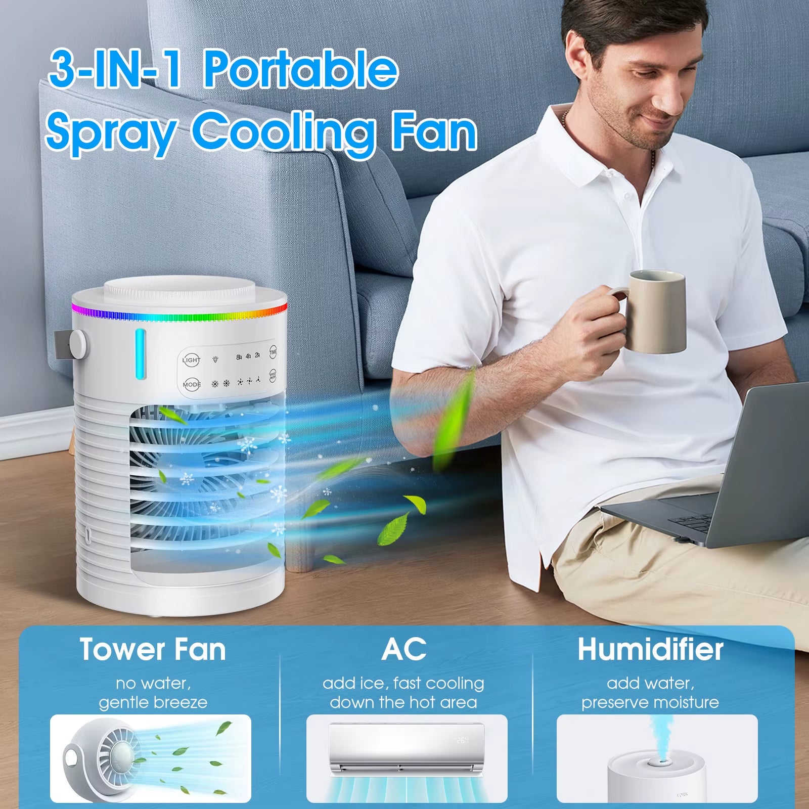 Portable Air Conditioner Mini Air Cooler USB Air Conditioning Fan 600Ml Ice Water Air Cooling Fan with Humidifier for Bedroom
