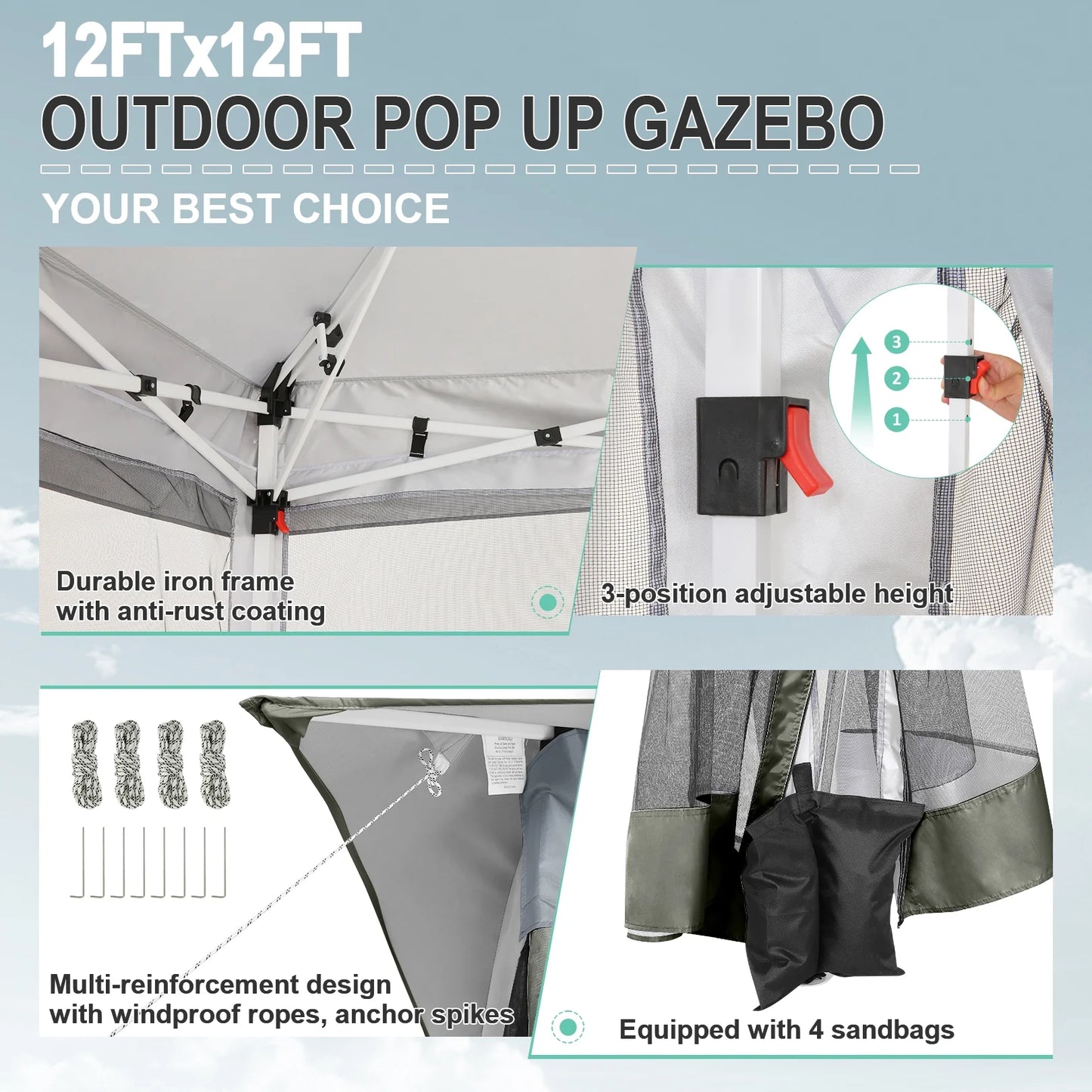 12X12 Pop up Gazebo Canopy Tent, Outdoor Waterproof Portable Gazebo with Mosquito Nettings, Double Vented Roof, 3 Adjustable Height and Carry Bag for Patio Garden Lawn,Gray