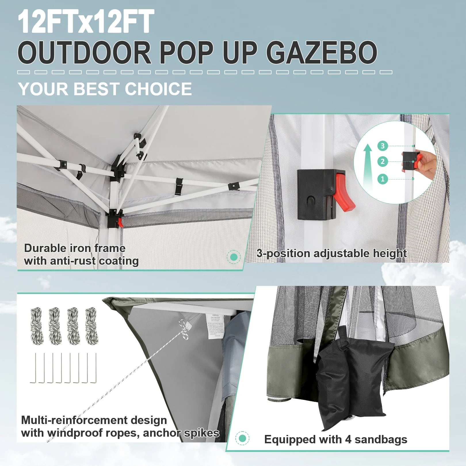 12X12 Pop up Gazebo Canopy Tent, Outdoor Waterproof Portable Gazebo with Mosquito Nettings, Double Vented Roof, 3 Adjustable Height and Carry Bag for Patio Garden Lawn,Gray