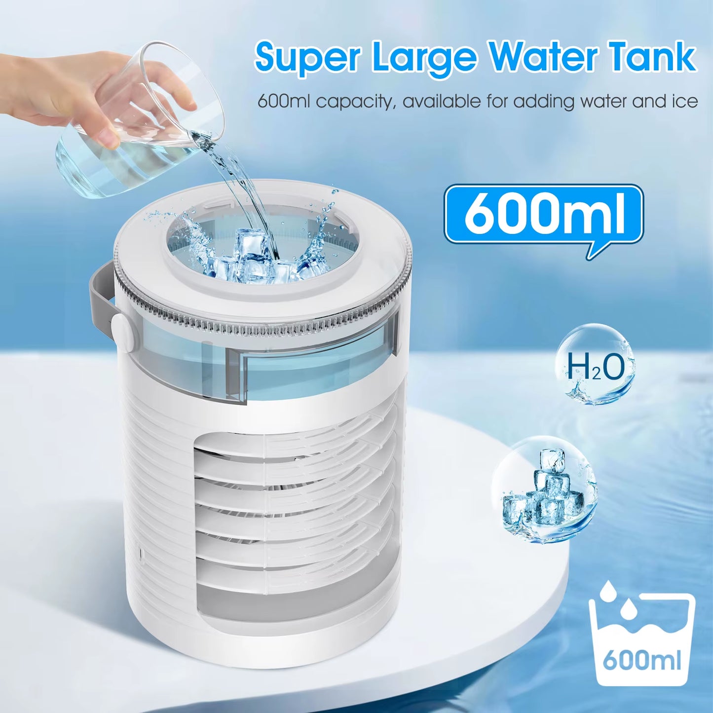 Portable Air Conditioner Mini Air Cooler USB Air Conditioning Fan 600Ml Ice Water Air Cooling Fan with Humidifier for Bedroom