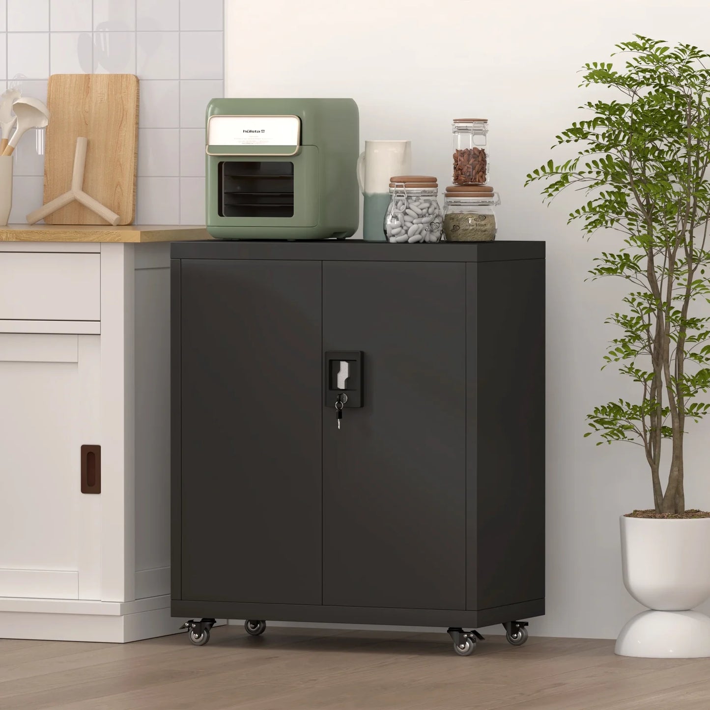 31.5''H Metal Storage Cabinets with Lock, Metal Garage Storage Cabinet on Wheels, Lockable Rolling Tool Chest Cabinet with Doors & Adjustable Shelves for Garage, Home, Office, Assembly Require