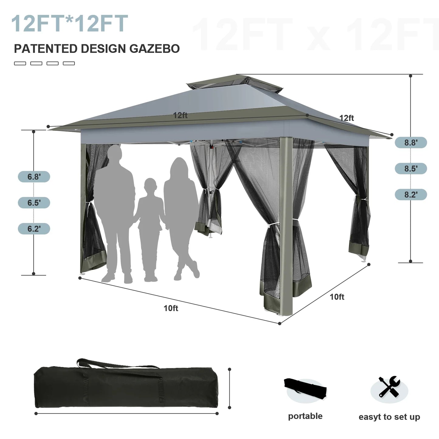12X12 Pop up Gazebo Canopy Tent, Outdoor Waterproof Portable Gazebo with Mosquito Nettings, Double Vented Roof, 3 Adjustable Height and Carry Bag for Patio Garden Lawn,Gray