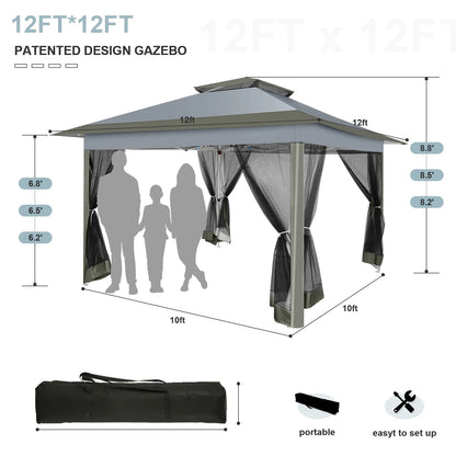 12X12 Pop up Gazebo Canopy Tent, Outdoor Waterproof Portable Gazebo with Mosquito Nettings, Double Vented Roof, 3 Adjustable Height and Carry Bag for Patio Garden Lawn,Gray