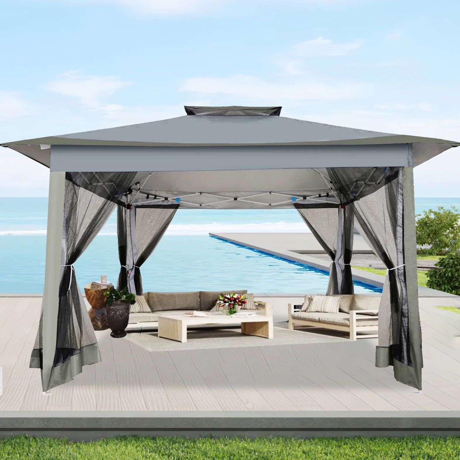 12X12 Pop up Gazebo Canopy Tent, Outdoor Waterproof Portable Gazebo with Mosquito Nettings, Double Vented Roof, 3 Adjustable Height and Carry Bag for Patio Garden Lawn,Gray