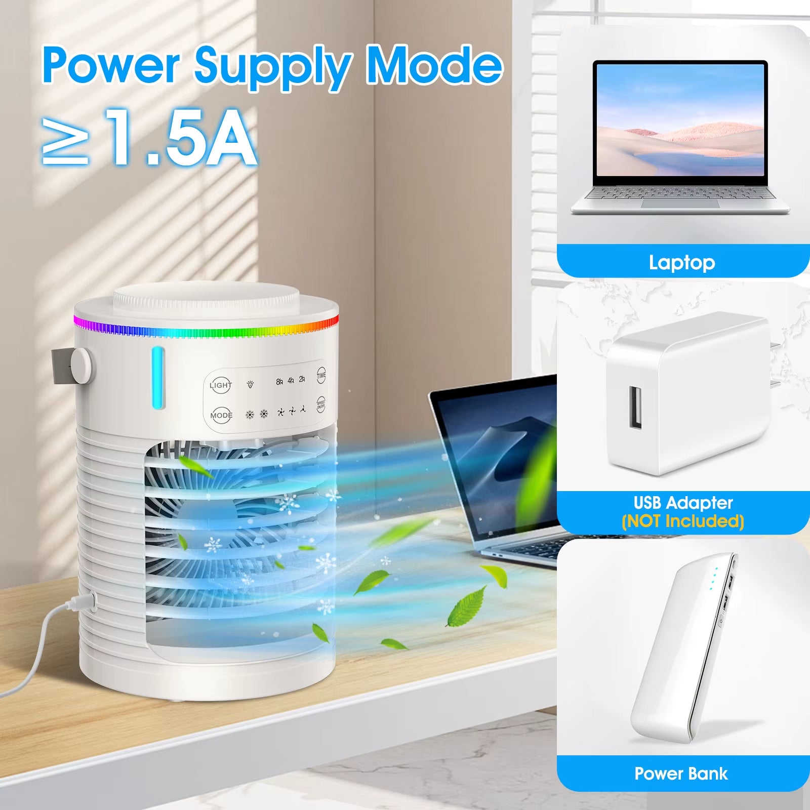 Portable Air Conditioner Mini Air Cooler USB Air Conditioning Fan 600Ml Ice Water Air Cooling Fan with Humidifier for Bedroom