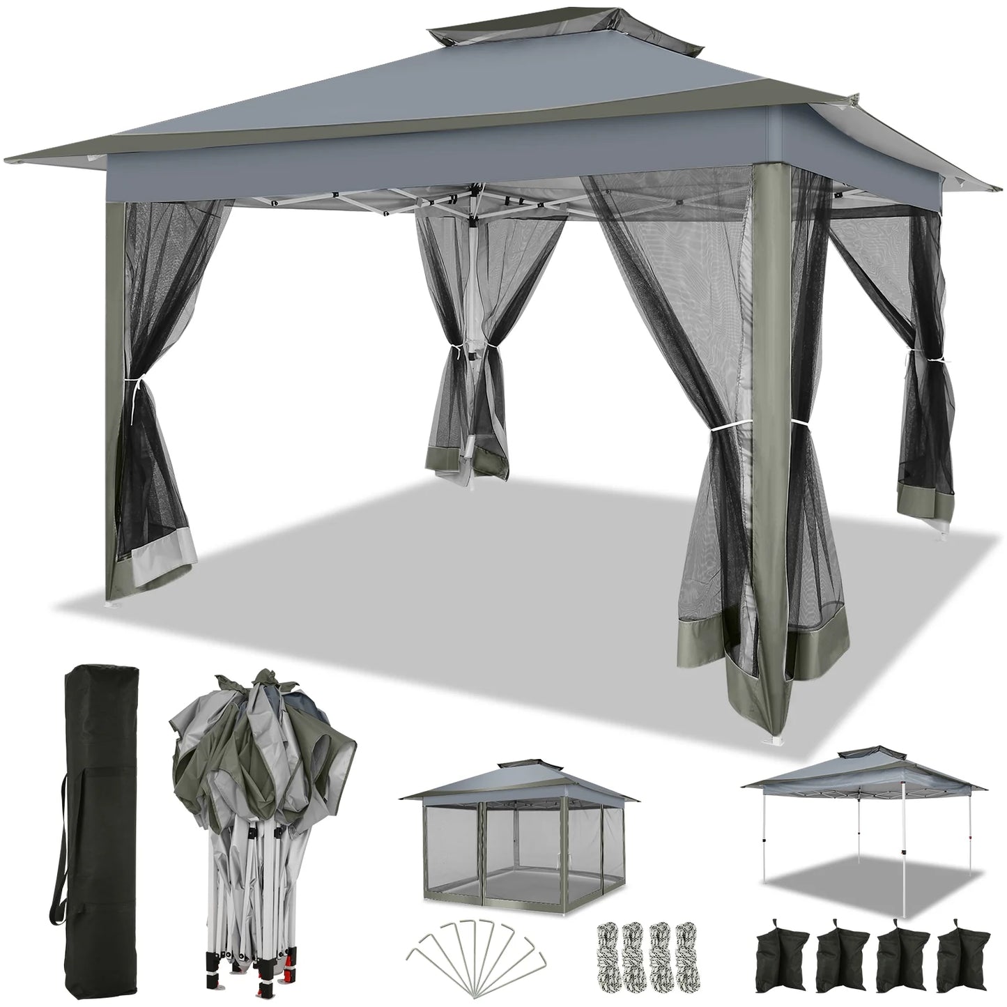 12X12 Pop up Gazebo Canopy Tent, Outdoor Waterproof Portable Gazebo with Mosquito Nettings, Double Vented Roof, 3 Adjustable Height and Carry Bag for Patio Garden Lawn,Gray
