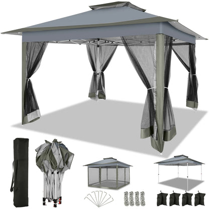 12X12 Pop up Gazebo Canopy Tent, Outdoor Waterproof Portable Gazebo with Mosquito Nettings, Double Vented Roof, 3 Adjustable Height and Carry Bag for Patio Garden Lawn,Gray